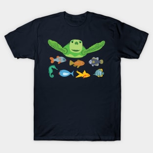 Happy Sea Turtle and Fish Swimming in the Sea T-Shirt